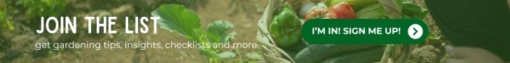 Person harvesting vegetables from their garden; text "Join the list get gardening tips, insights, checklists and more"; button to sign up for The Gardening Dad newsletter.